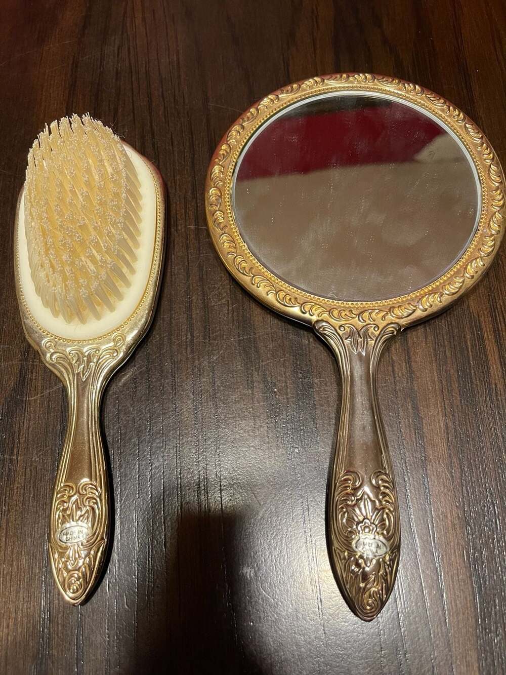 Vintage Towle Gold Plated Hand Mirror and Hair Brush Set
